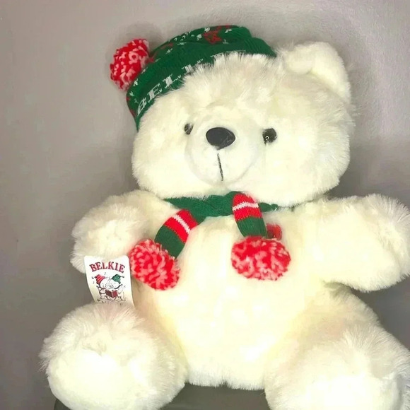 Belkie  Musical Christmas Bear With Green And White ,Red Toboggan And Scarf - Picture 1 of 7